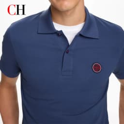 CH Red Accent Circular Rubber Patch Left Chest Premium Pique Short Sleeve Polo Shirt Men Sleek Minimalist Modern Casual Tops