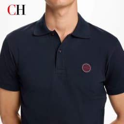 CH Red Accent Circular Rubber Patch Left Chest Premium Pique Short Sleeve Polo Shirt Men Sleek Minimalist Modern Casual Tops