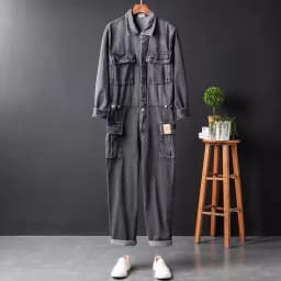 Vintage Mens One Piece Denim Overalls Casual Hip Hop Long Sleeve Cargo Jeans Jumpsuit Straight Loose Safari Style Work Jumpsuits