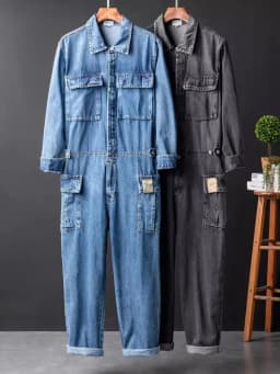 Vintage Mens One Piece Denim Overalls Casual Hip Hop Long Sleeve Cargo Jeans Jumpsuit Straight Loose Safari Style Work Jumpsuits