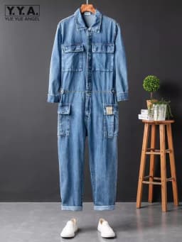 Vintage Mens One Piece Denim Overalls Casual Hip Hop Long Sleeve Cargo Jeans Jumpsuit Straight Loose Safari Style Work Jumpsuits