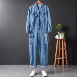 Vintage Mens One Piece Denim Overalls Casual Hip Hop Long Sleeve Cargo Jeans Jumpsuit Straight Loose Safari Style Work Jumpsuits
