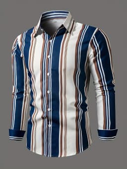 Men'S Casual Regular Fit Striped Long Sleeve Solid Color Polyester Button Lapel Shirt, Woven,Non-Stretch Fabric