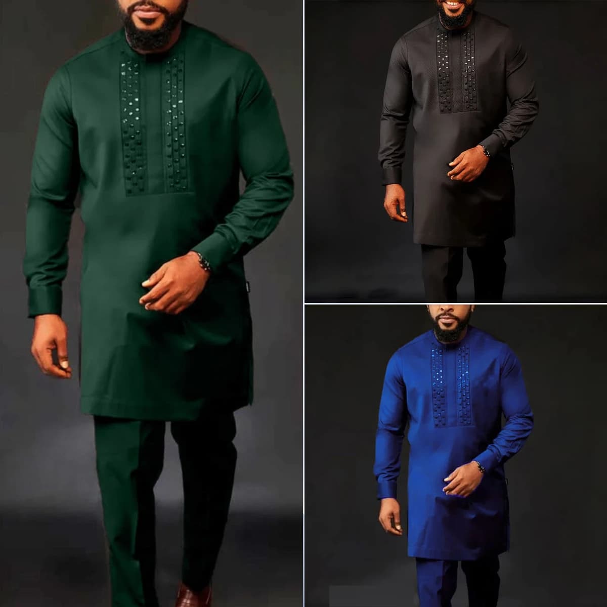 New In Dashiki 2 Pieces Sets Abaya Men's Clothing Shirt Pant Set Long Sleeve Elegant African Ethnic Style Round Neck Suit Rhinestones Kaftan