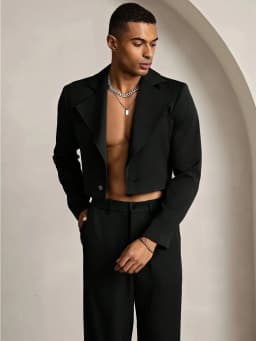 2026 New Men's Black Crop Blazer & Wide Leg Pants Formal Suit