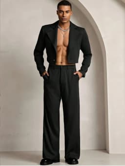 2026 New Men's Black Crop Blazer & Wide Leg Pants Formal Suit