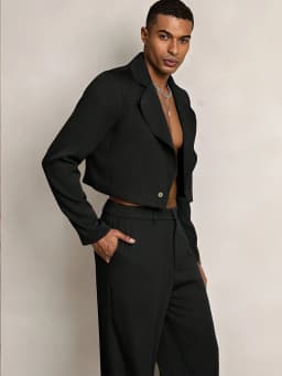 2026 New Men's Black Crop Blazer & Wide Leg Pants Formal Suit