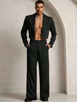 2026 New Men's Black Crop Blazer & Wide Leg Pants Formal Suit