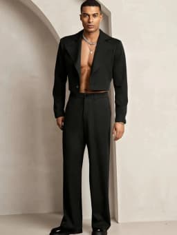 2026 New Men's Black Crop Blazer & Wide Leg Pants Formal Suit