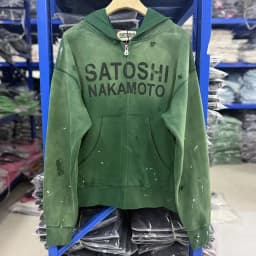 26ss Winter Green Oversize Street Outfit SATOSHI Jacket Washed Retro Distressed Splashed Ink Zipper Hoodie Men Women Loose Hoody