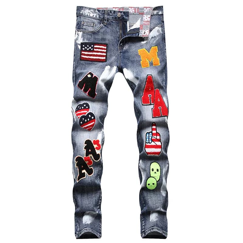 High Street Fashion Mens Streetwear Jeans Personal Designer Printed Jeans Men Punk Pants Skinny Streetwear Hip Hop Jeans