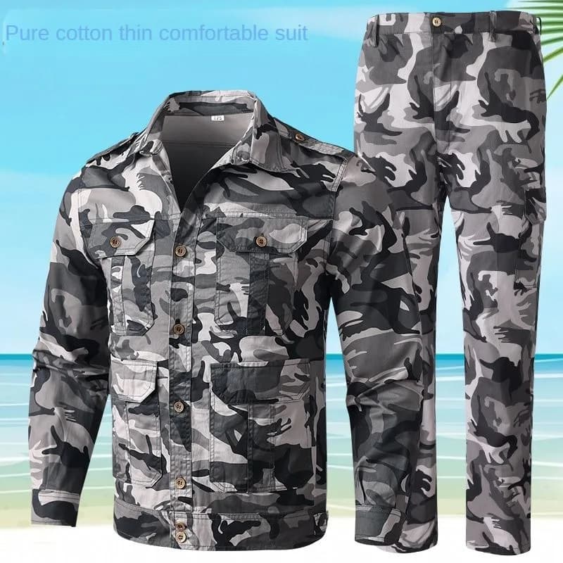 Summer Thin Outdoor Work Suit Set Long Sleeved Anti Scald Pure Cotton Thread Sweat Absorbing Breathable Camouflage Suit
