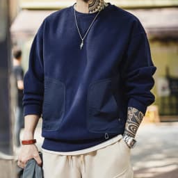 Maden Vintage Heavyweight Patchwork Pocket Sweatshirt Loose Round-neck Versatile Hoodies for Men's Autumn Long-sleeved Pullover