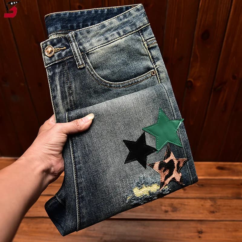 High Street Fashion Jeans Men's Autumn and Winter Clothing Hole & Patch Personality Star Patch Slim Fit Skinny Stretch Pants