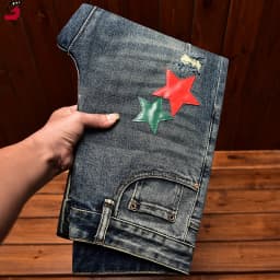 High Street Fashion Jeans Men's Autumn and Winter Clothing Hole & Patch Personality Star Patch Slim Fit Skinny Stretch Pants