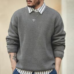 Maden Workwear Men's Vintage Heavyweight Grey Pineapple Pattern Sweater Thickened Round Neck Lazy Autumn Knit