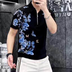 Butterfly Printed Polo Shirt for Men's Summer Zipper Short Sleeved Casual T-shirt Slim Fit Business Social POLO Tshirts 2024