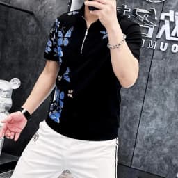 Butterfly Printed Polo Shirt for Men's Summer Zipper Short Sleeved Casual T-shirt Slim Fit Business Social POLO Tshirts 2024