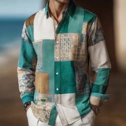 Men's Long Sleeve Shirt Color Block Patchwork Geometric Pattern Shirt Autumn Streetwear Casual Comfort Polyester Slim Fit Shirts