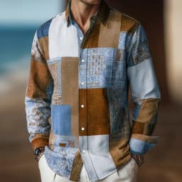 Men's Long Sleeve Shirt Color Block Patchwork Geometric Pattern Shirt Autumn Streetwear Casual Comfort Polyester Slim Fit Shirts