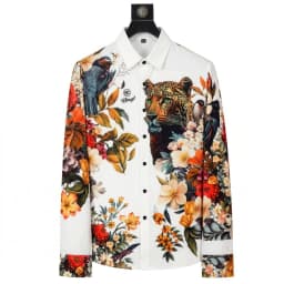 Luxury Leopard Rhinestone Shirt Men Fashion Long Sleeved Floral Shirts Casual Business Formal Dress Shirts Social Party Tops