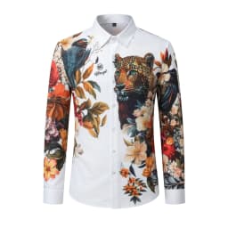 Luxury Leopard Rhinestone Shirt Men Fashion Long Sleeved Floral Shirts Casual Business Formal Dress Shirts Social Party Tops