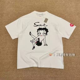 Authentic SAINT Women's Cartoon Tee Off-White Crew Neck No Side Seams Fabric Washed Vintage Summer Casual T-Shirt