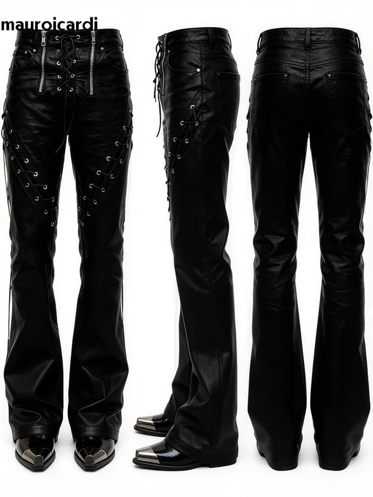 Mauroicardi Spring Autumn Cool Long Black Pu Leather Micro-Flare Pants Man High Waist Luxury Brands Original Streetwear Clothes