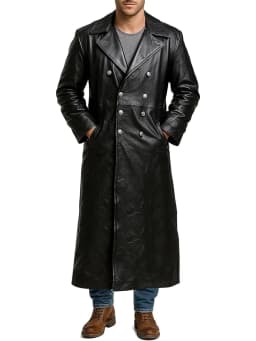 Men's Black Leather Long Trench Coat Marine Imperial Navy U-Boat Submarine Captain Brown Leather Jacket