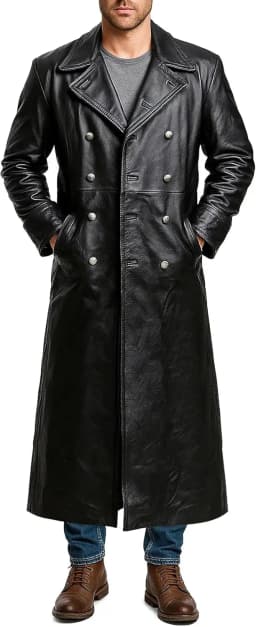 Men's Black Leather Long Trench Coat Marine Imperial Navy U-Boat Submarine Captain Brown Leather Jacket
