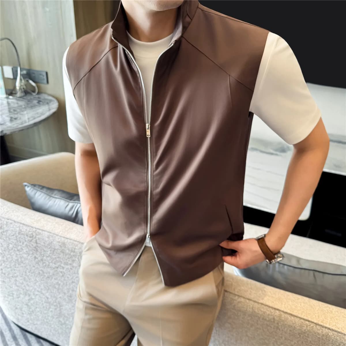 Sustainable Tencel Sleeveless Vest for Men - Summer Breathable Ice Silk Feel Lightweight Stand Collar Zip Front Top