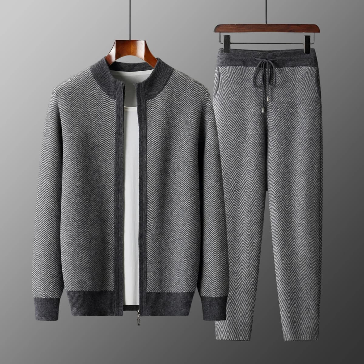 Man 100% Merino Wool Sweater Cardigan Knitted Pants Pencil Trousers Herringbone Color Block Suit Autumn Winter Thick Men's Set