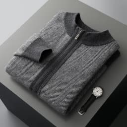 Man 100% Merino Wool Sweater Cardigan Knitted Pants Pencil Trousers Herringbone Color Block Suit Autumn Winter Thick Men's Set