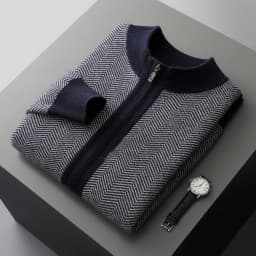 Man 100% Merino Wool Sweater Cardigan Knitted Pants Pencil Trousers Herringbone Color Block Suit Autumn Winter Thick Men's Set