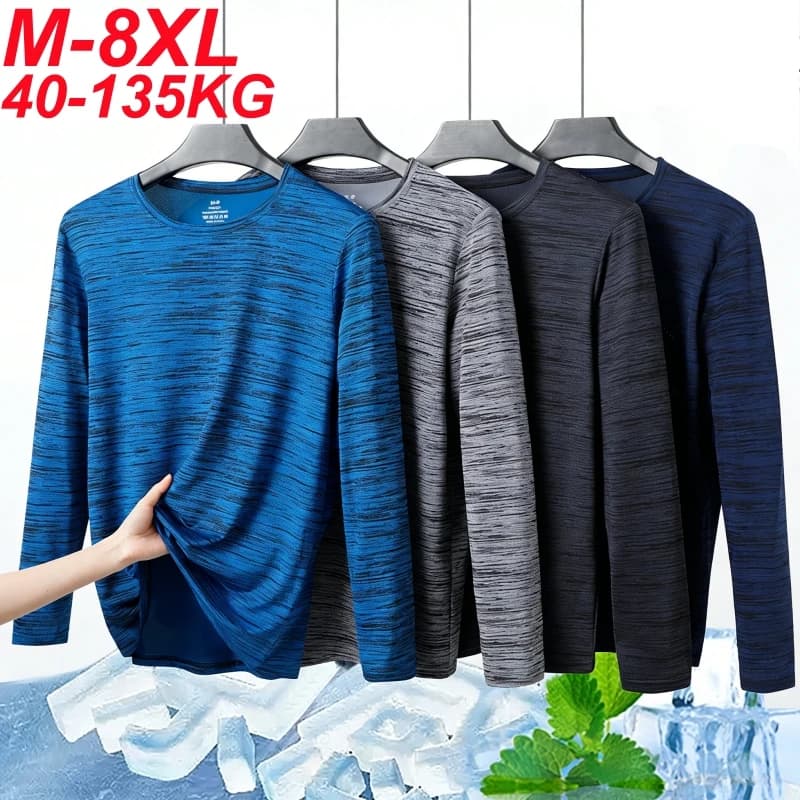Summer Men's Long Sleeve Quick Dry Ice Silk T-Shirt High Elastic Plus Size Sun Protection Cationic Top for Outdoor Sports