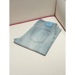 [14 ounces vintage wash] Lyocell mulberry silk blend, thin fit small straight jeans men