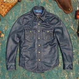 Slim-Fit Genuine Leather Jacket Vintage Blue Shirt Top-Grain Washed Vintage Leather Embroidered Pocket Detailing Plus Size 5XL
