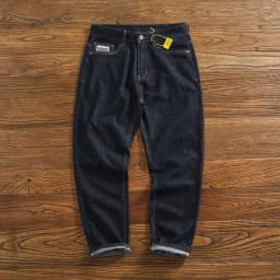 Anti-fading solid color general wash primary color denim jeans men's dark American casual loose straight cone pants