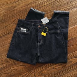 Anti-fading solid color general wash primary color denim jeans men's dark American casual loose straight cone pants