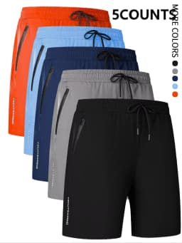 Men's Shorts Five-Pack, Sports, Fitness, Swimming, with Zipper Pockets, Quick-Drying, Casual, Breathable, Drawstring Shorts, Suitable for Summer Outdoor Activities, Fitness Training, Home Leisure, Beach Vacations