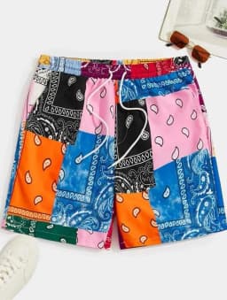 2024 Men's Shorts Summer Casual Shorts Pocket Drawstring color block Paisley & Patchwork Shorts Breathable Short beach pants