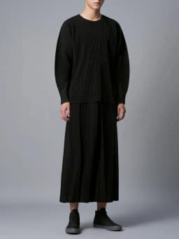 Miyake Pleated Men Long Sleeve Plain Slit Hem T-shirt Full Sleeve Round Collar T Shirt Korean Streetwear Casual Top