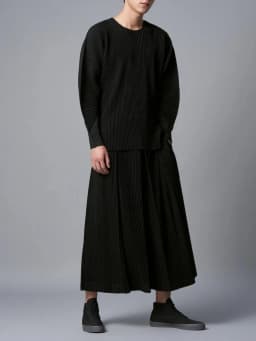 Miyake Pleated Men Long Sleeve Plain Slit Hem T-shirt Full Sleeve Round Collar T Shirt Korean Streetwear Casual Top