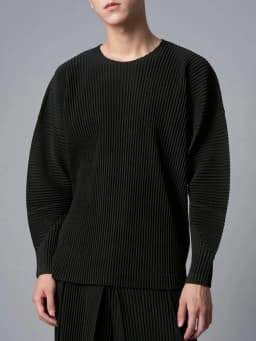 Miyake Pleated Men Long Sleeve Plain Slit Hem T-shirt Full Sleeve Round Collar T Shirt Korean Streetwear Casual Top