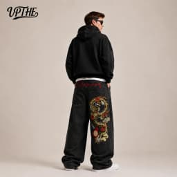 Men's Baggy Wide Leg Jeans, Y2K Dragon Embroidered Denim Pants, Loose Fit Streetwear Hip Hop Casual Denim Trousers for Men