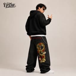 Men's Baggy Wide Leg Jeans, Y2K Dragon Embroidered Denim Pants, Loose Fit Streetwear Hip Hop Casual Denim Trousers for Men