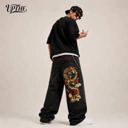 Men's Baggy Wide Leg Jeans, Y2K Dragon Embroidered Denim Pants, Loose Fit Streetwear Hip Hop Casual Denim Trousers for Men