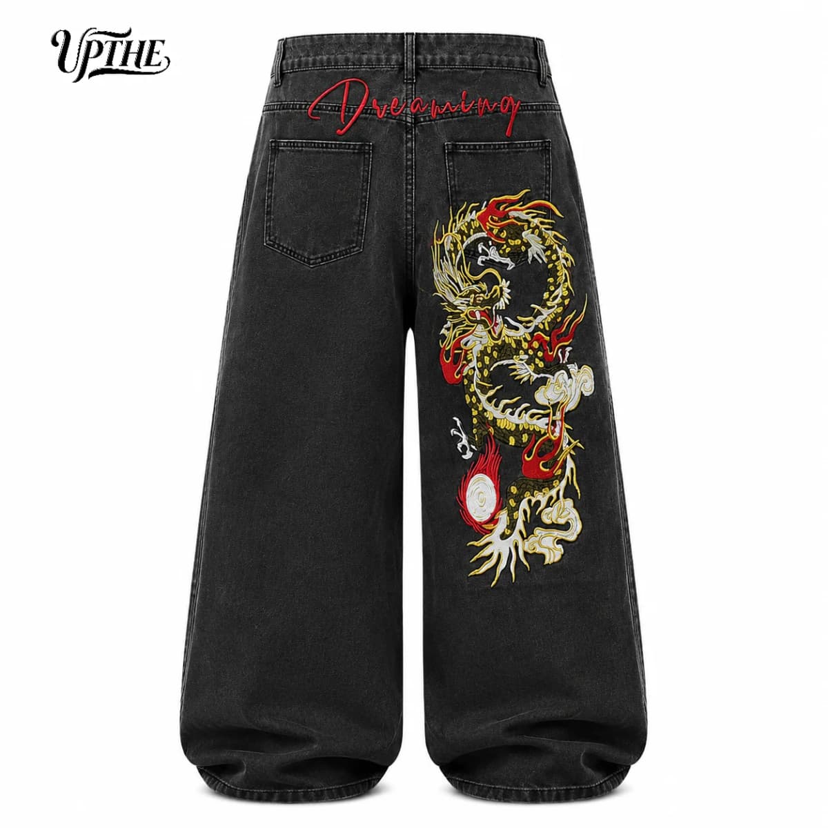 Men's Baggy Wide Leg Jeans, Y2K Dragon Embroidered Denim Pants, Loose Fit Streetwear Hip Hop Casual Denim Trousers for Men