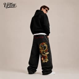 Men's Baggy Wide Leg Jeans, Y2K Dragon Embroidered Denim Pants, Loose Fit Streetwear Hip Hop Casual Denim Trousers for Men