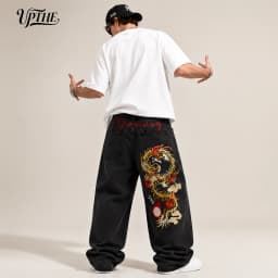 Men's Baggy Wide Leg Jeans, Y2K Dragon Embroidered Denim Pants, Loose Fit Streetwear Hip Hop Casual Denim Trousers for Men